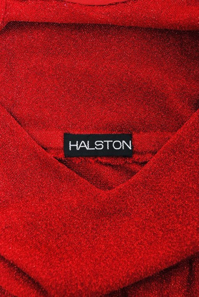 1970's Halston Couture Red Metallic Semi Sheer Knit Long-Sleeve Dress