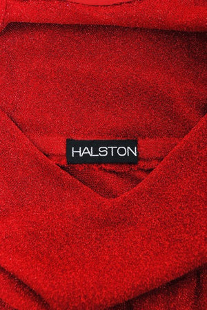 1970's Halston Couture Red Metallic Semi Sheer Knit Long-Sleeve Dress