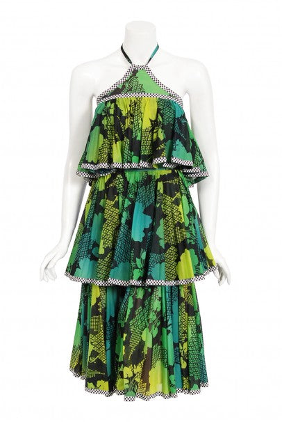 1970's Jean Varon Green Graphic Floral Print Pleated Tiered Halter Dress