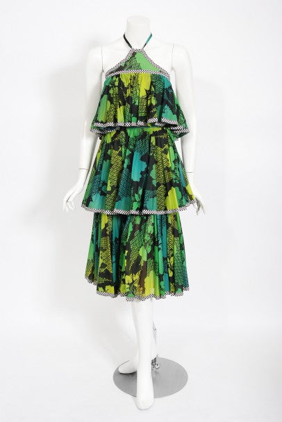 1970's Jean Varon Green Graphic Floral Print Pleated Tiered Halter Dress