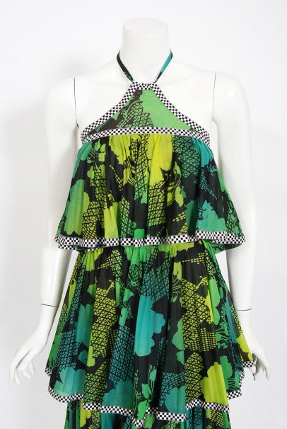 1970's Jean Varon Green Graphic Floral Print Pleated Tiered Halter Dress