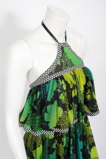 1970's Jean Varon Green Graphic Floral Print Pleated Tiered Halter Dress