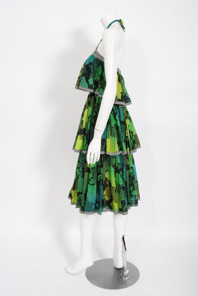 1970's Jean Varon Green Graphic Floral Print Pleated Tiered Halter Dress