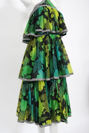 1970's Jean Varon Green Graphic Floral Print Pleated Tiered Halter Dress