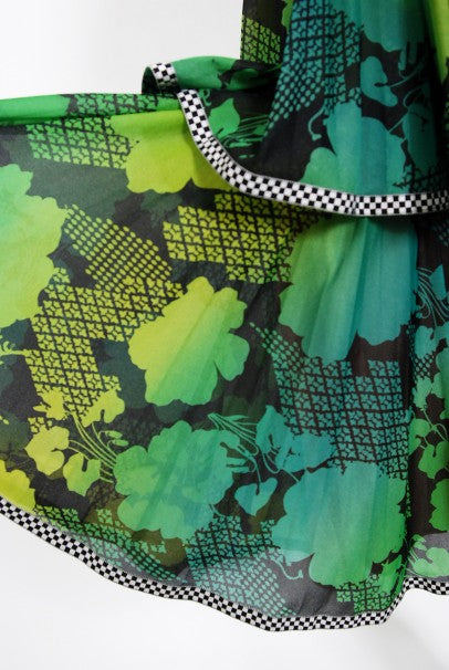 1970's Jean Varon Green Graphic Floral Print Pleated Tiered Halter Dress