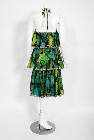 1970's Jean Varon Green Graphic Floral Print Pleated Tiered Halter Dress