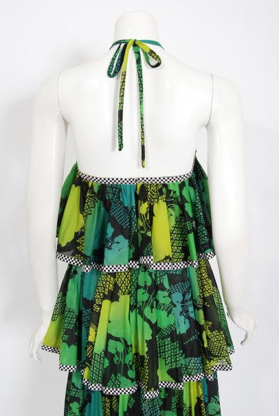 1970's Jean Varon Green Graphic Floral Print Pleated Tiered Halter Dress