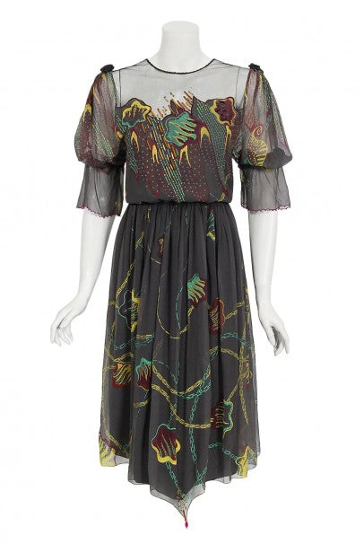 1977 Zandra Rhodes Hand-Painted Grey Silk Puff-Sleeve Illusion Dress