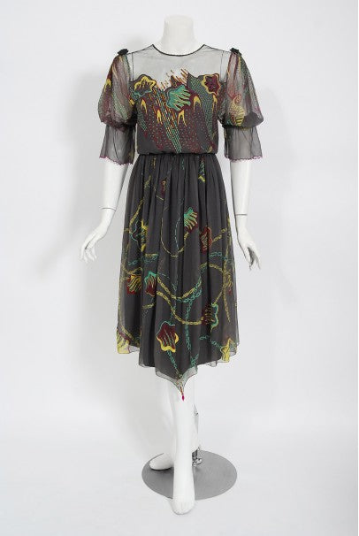 1977 Zandra Rhodes Hand-Painted Grey Silk Puff-Sleeve Illusion Dress