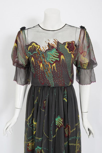 1977 Zandra Rhodes Hand-Painted Grey Silk Puff-Sleeve Illusion Dress