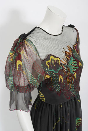 1977 Zandra Rhodes Hand-Painted Grey Silk Puff-Sleeve Illusion Dress