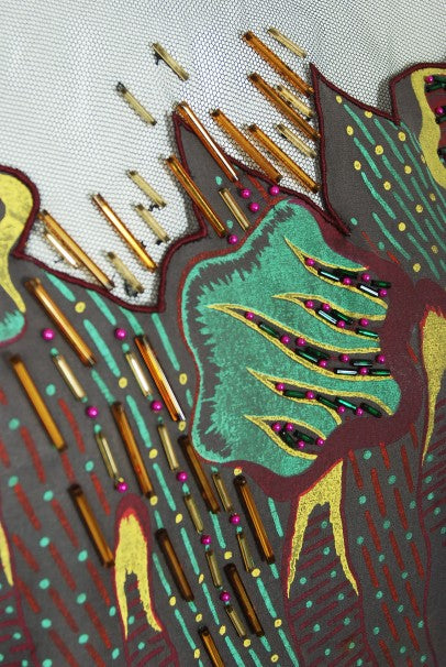 1977 Zandra Rhodes Hand-Painted Grey Silk Puff-Sleeve Illusion Dress