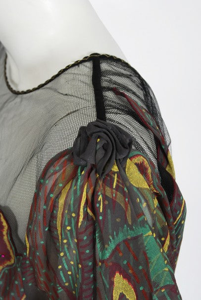 1977 Zandra Rhodes Hand-Painted Grey Silk Puff-Sleeve Illusion Dress