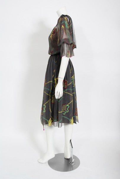 1977 Zandra Rhodes Hand-Painted Grey Silk Puff-Sleeve Illusion Dress