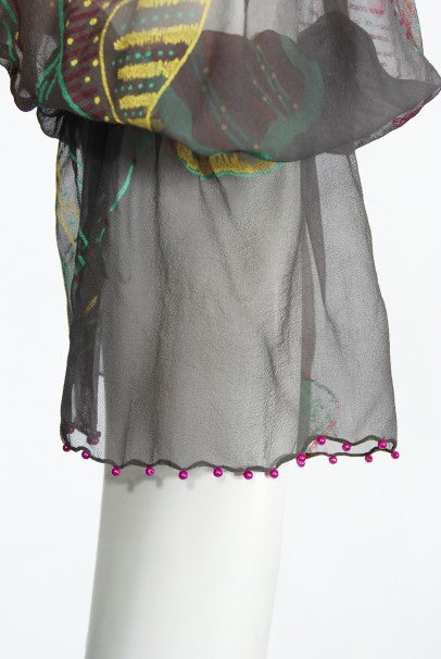 1977 Zandra Rhodes Hand-Painted Grey Silk Puff-Sleeve Illusion Dress