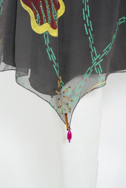 1977 Zandra Rhodes Hand-Painted Grey Silk Puff-Sleeve Illusion Dress