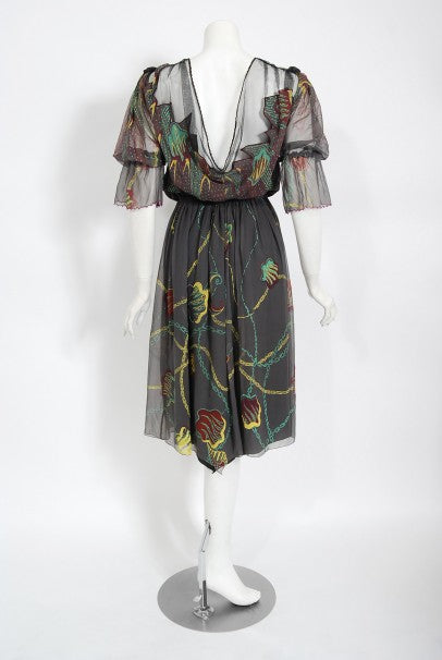 1977 Zandra Rhodes Hand-Painted Grey Silk Puff-Sleeve Illusion Dress