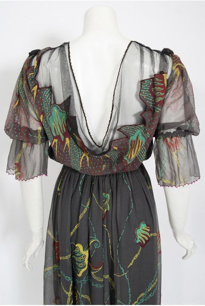 1977 Zandra Rhodes Hand-Painted Grey Silk Puff-Sleeve Illusion Dress