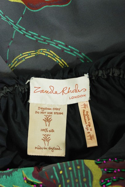 1977 Zandra Rhodes Hand-Painted Grey Silk Puff-Sleeve Illusion Dress