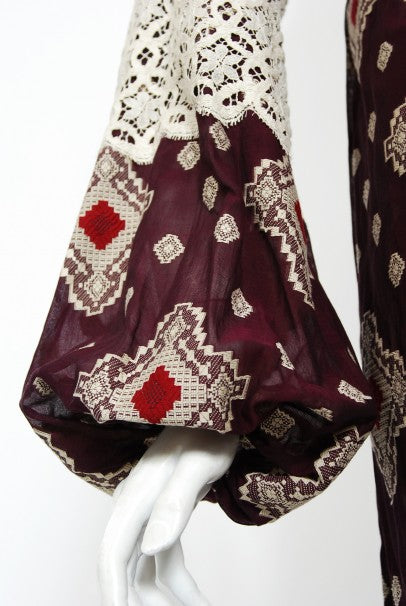 1971 Thea Porter Brocaded Cotton &amp; Lace Low Cut Billow-Sleeve Maxi Dress