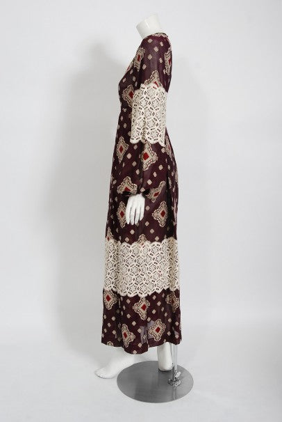1971 Thea Porter Brocaded Cotton &amp; Lace Low Cut Billow-Sleeve Maxi Dress