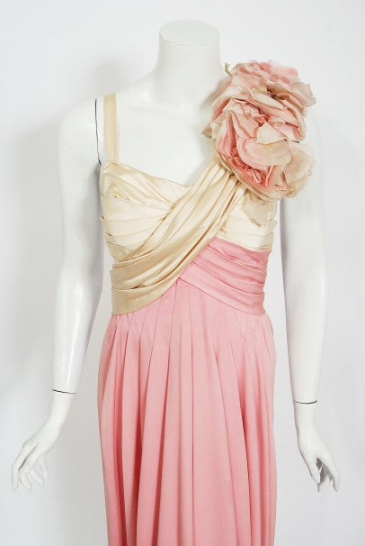 1960's Film-Worn Pink Silk and Ivory Satin Floral Appliqué Draped Gown