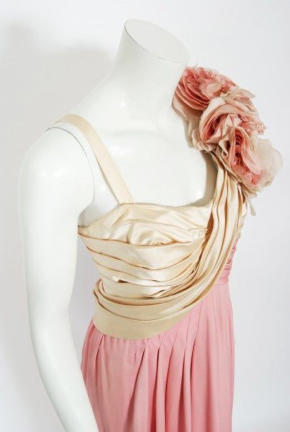 1960&#39;s Film-Worn Pink Silk and Ivory Satin Floral Appliqué Draped Gown