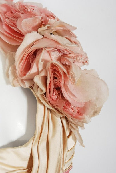 1960&#39;s Film-Worn Pink Silk and Ivory Satin Floral Appliqué Draped Gown