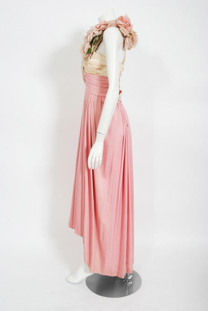 1960&#39;s Film-Worn Pink Silk and Ivory Satin Floral Appliqué Draped Gown