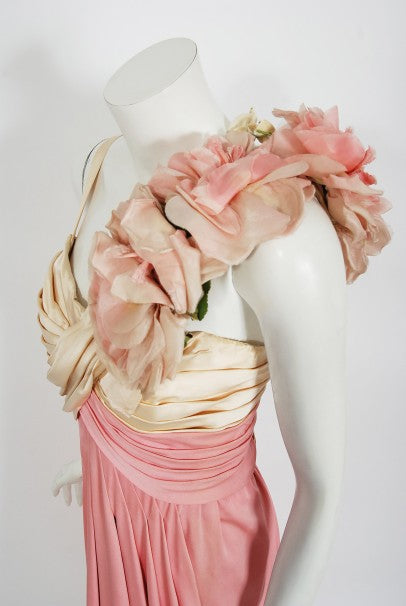 1960&#39;s Film-Worn Pink Silk and Ivory Satin Floral Appliqué Draped Gown