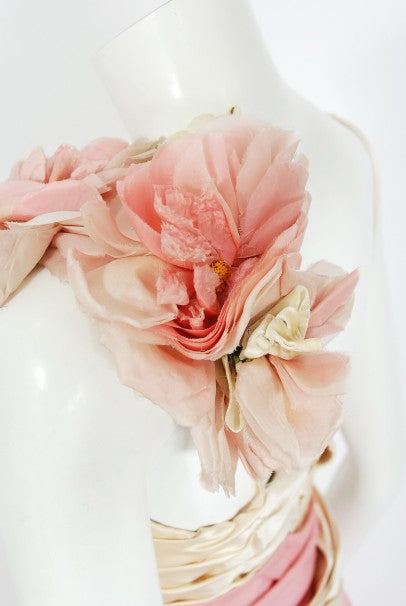 1960&#39;s Film-Worn Pink Silk and Ivory Satin Floral Appliqué Draped Gown