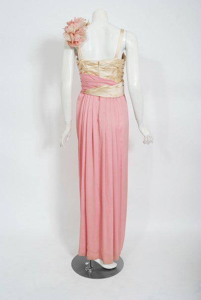 1960&#39;s Film-Worn Pink Silk and Ivory Satin Floral Appliqué Draped Gown