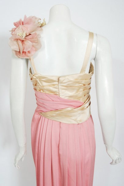 1960&#39;s Film-Worn Pink Silk and Ivory Satin Floral Appliqué Draped Gown