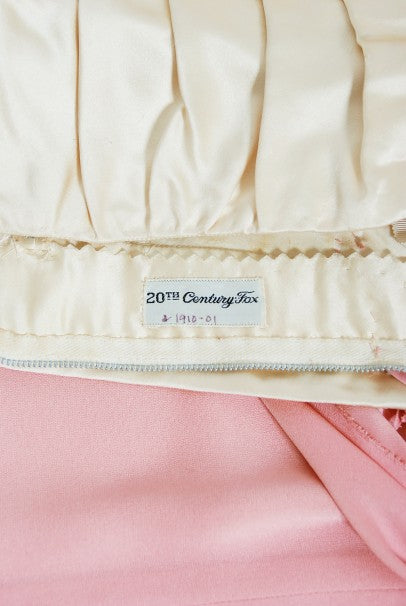 1960&#39;s Film-Worn Pink Silk and Ivory Satin Floral Appliqué Draped Gown