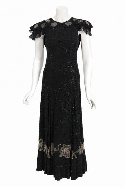 1930&#39;s French Couture Beaded Black Silk Flutter Sleeve Open-Back Dress