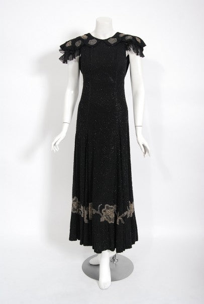 1930's French Couture Beaded Black Silk Flutter Sleeve Open-Back Dress