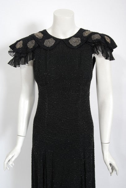 1930&#39;s French Couture Beaded Black Silk Flutter Sleeve Open-Back Dress