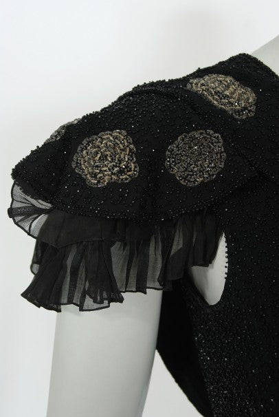 1930&#39;s French Couture Beaded Black Silk Flutter Sleeve Open-Back Dress