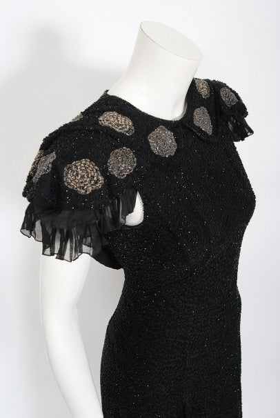 1930&#39;s French Couture Beaded Black Silk Flutter Sleeve Open-Back Dress