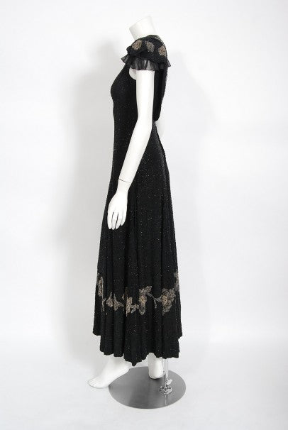 1930&#39;s French Couture Beaded Black Silk Flutter Sleeve Open-Back Dress
