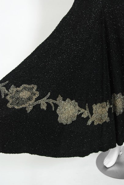 1930&#39;s French Couture Beaded Black Silk Flutter Sleeve Open-Back Dress
