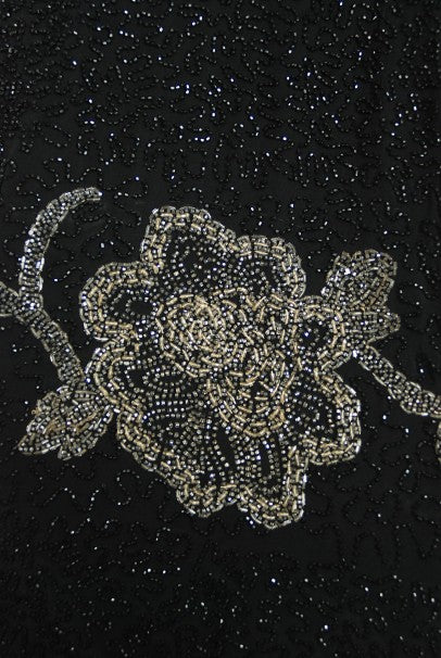 1930&#39;s French Couture Beaded Black Silk Flutter Sleeve Open-Back Dress