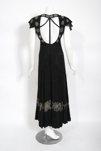 1930&#39;s French Couture Beaded Black Silk Flutter Sleeve Open-Back Dress