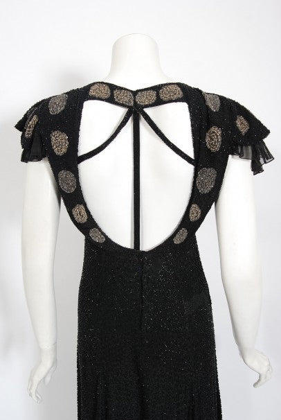 1930&#39;s French Couture Beaded Black Silk Flutter Sleeve Open-Back Dress