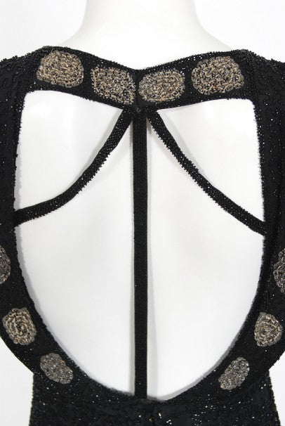 1930&#39;s French Couture Beaded Black Silk Flutter Sleeve Open-Back Dress