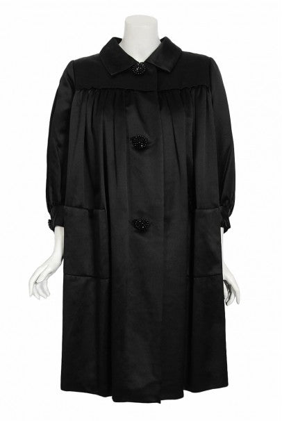 1951 Traina-Norell Black Duchess Satin Voluminous Pleated Swing Coat