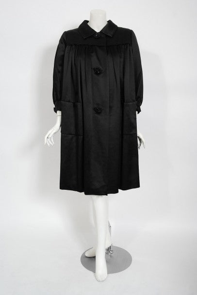 1951 Traina-Norell Black Duchess Satin Voluminous Pleated Swing Coat