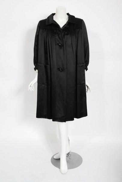 1951 Traina-Norell Black Duchess Satin Voluminous Pleated Swing Coat
