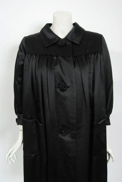 1951 Traina-Norell Black Duchess Satin Voluminous Pleated Swing Coat