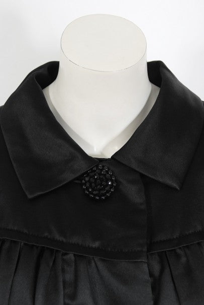1951 Traina-Norell Black Duchess Satin Voluminous Pleated Swing Coat